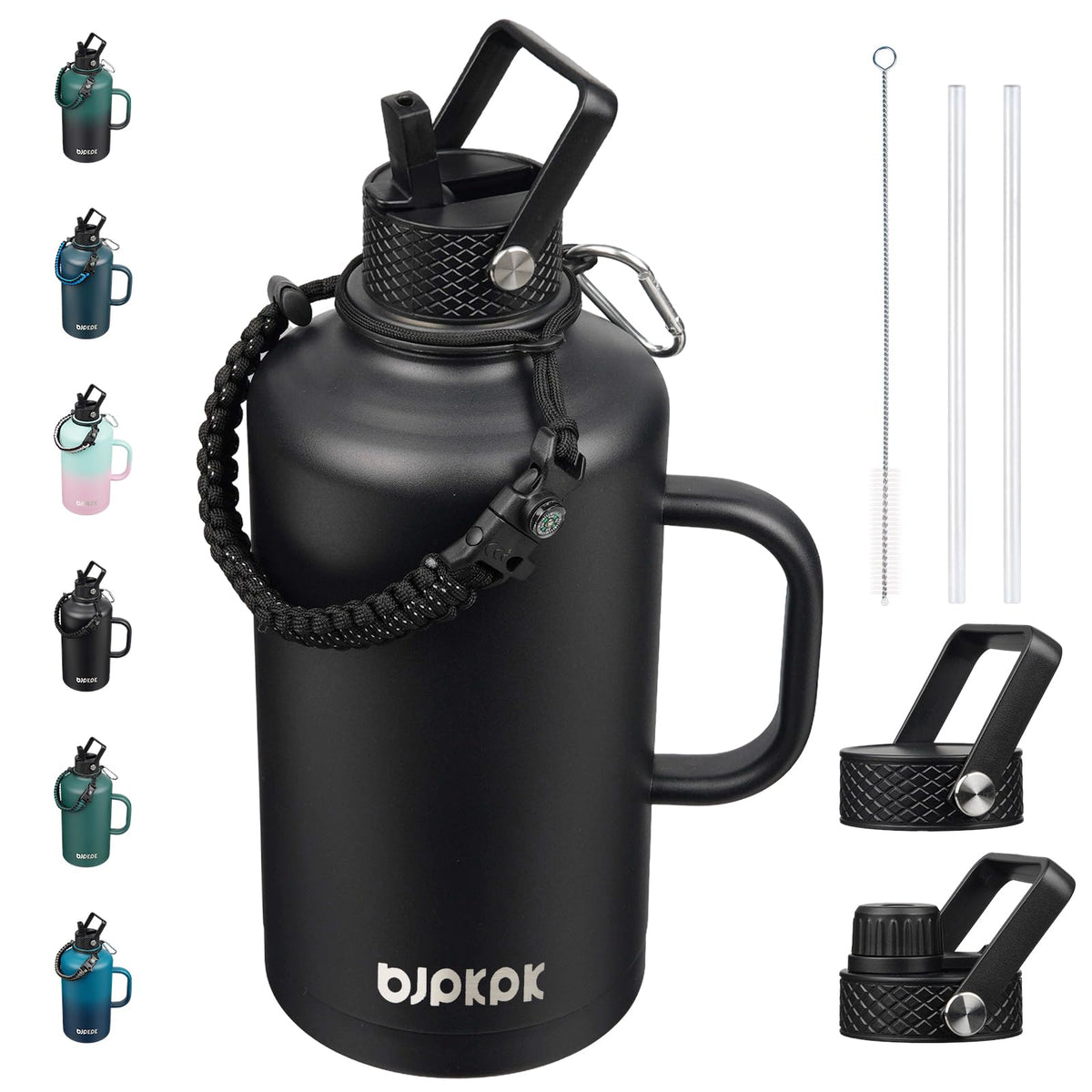 BJPKPK Half Gallon Insulated Water Bottles with Straw Lid & Side Handle, 64oz Large, Stainless Steel Water Bottles with 3 Lids and Paracord Strap, Metal Water Jug,Black
