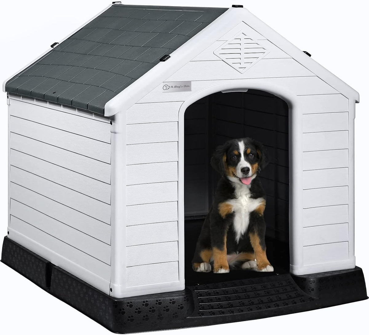 LEMBERI Durable Waterproof Plastic Dog House for Small to Large Sized Dogs, Indoor Outdoor Doghouse Puppy Shelter with Elevated Floor, Easy to Assemble (Gray, 39" L x 35" W x 37.4" H)