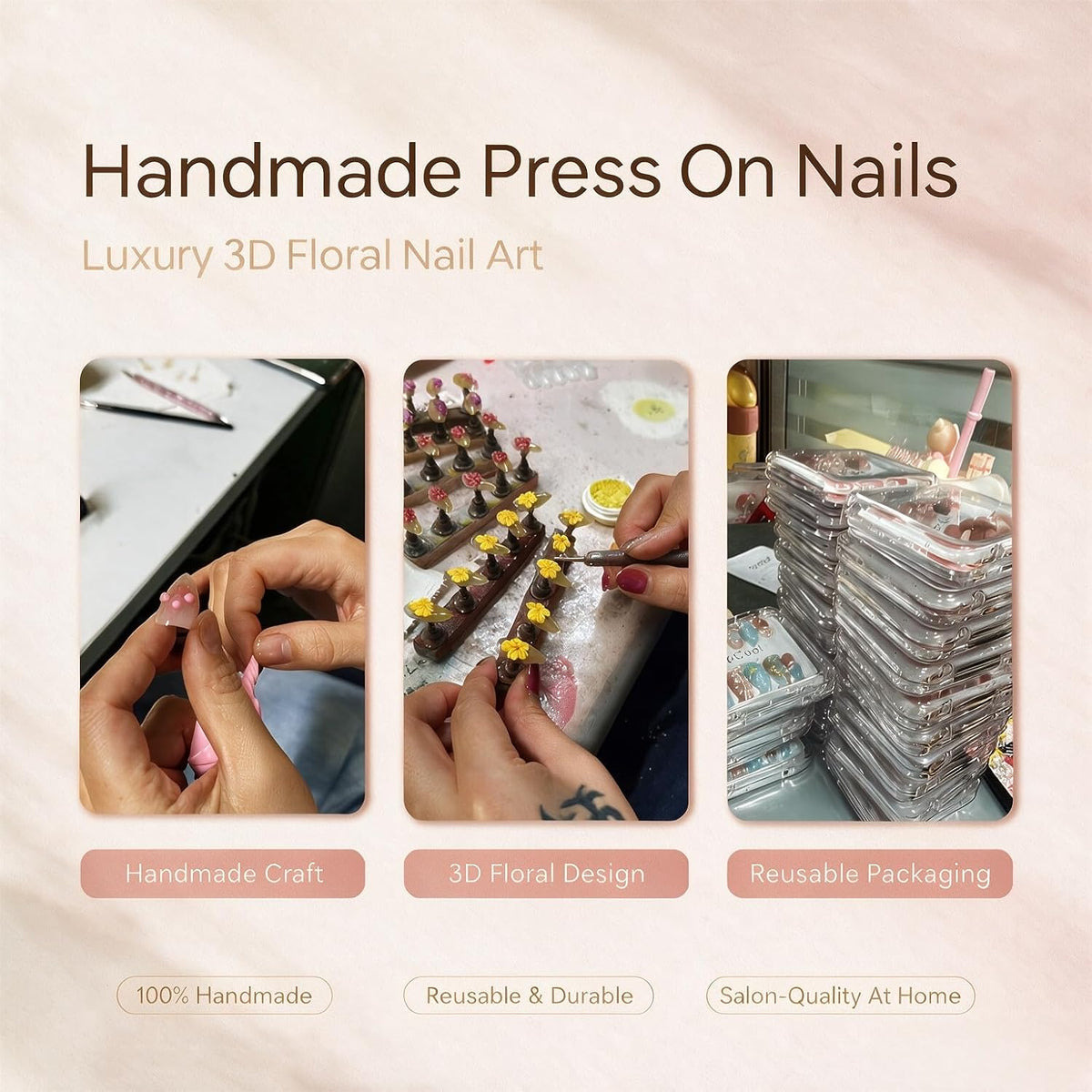 Luxury Handmade Press on Nails - Long Square White French Tips Press on Nail with Almond 3D Rhinestones, Flowers & Butterflies, Acrylic Multi-Layer Gel False Nails for Women (10Pcs Size M)