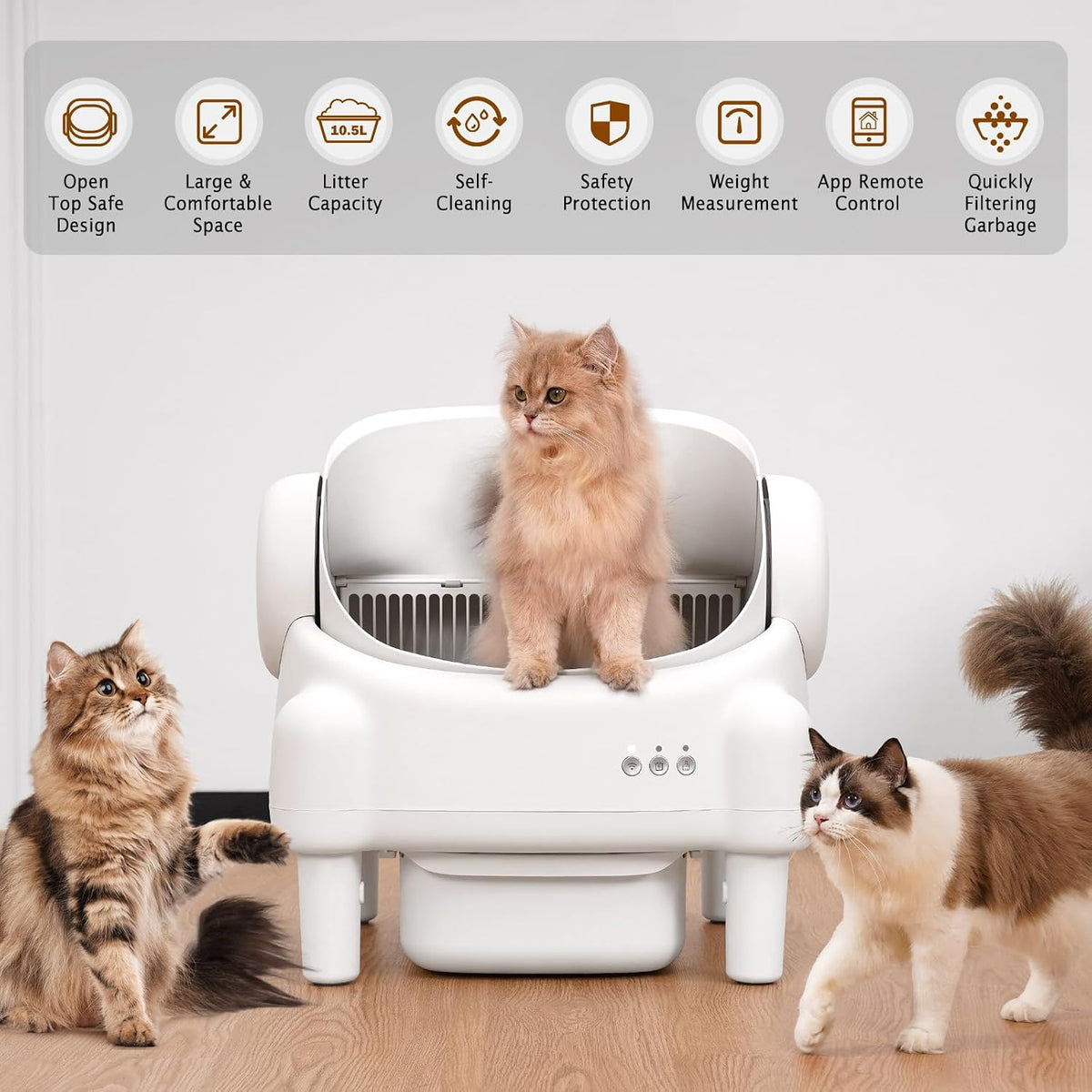 PARUUNTYS Self Cleaning Litter Box,Open Top Automatic Litter Box with App Control for Multiple Cats, Safety Sensors Protection, Odor Control Includes 2 roll Liners,Large Waste Bin, Cream White