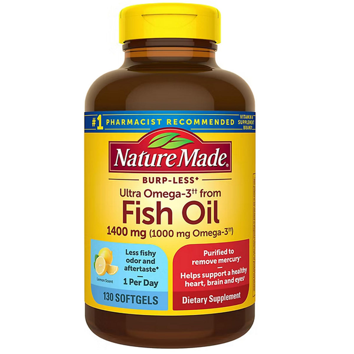 Nature Made Burp Less Ultra Omega 3 Fish Oil Supplements, 1400mg Fish Oil Omega 3 Supplements as Ethyl Esters for Healthy Heart Brain Eyes Support, One Per Day, 90 Softgels