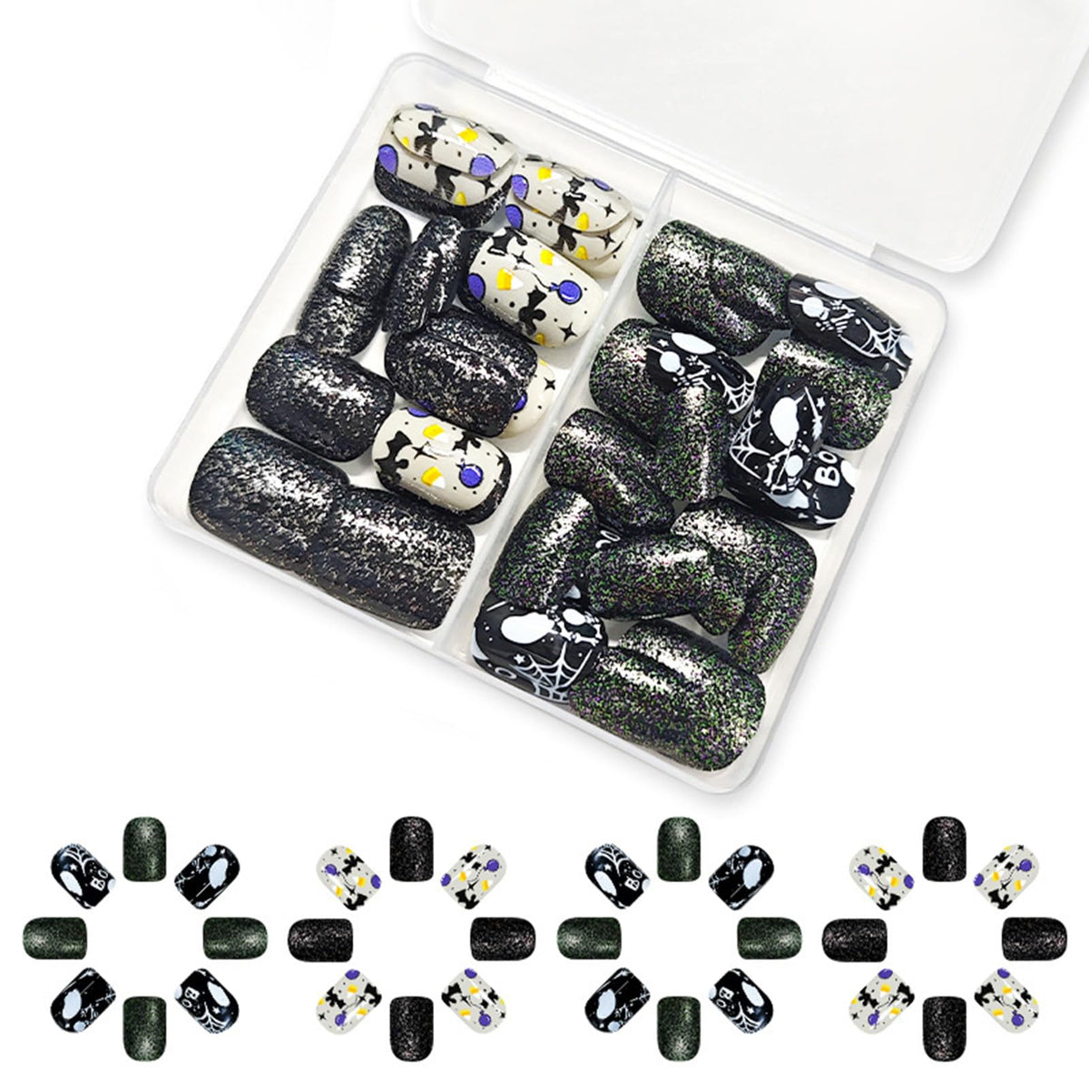 48Pcs Halloween Press on Nails Ghost Stick on Fingernails Monster Short Square False Nails Glossy Black Spider Web Acrylic Fake Nail Skull Gel Glue on Nail for Coquette Women Girls
