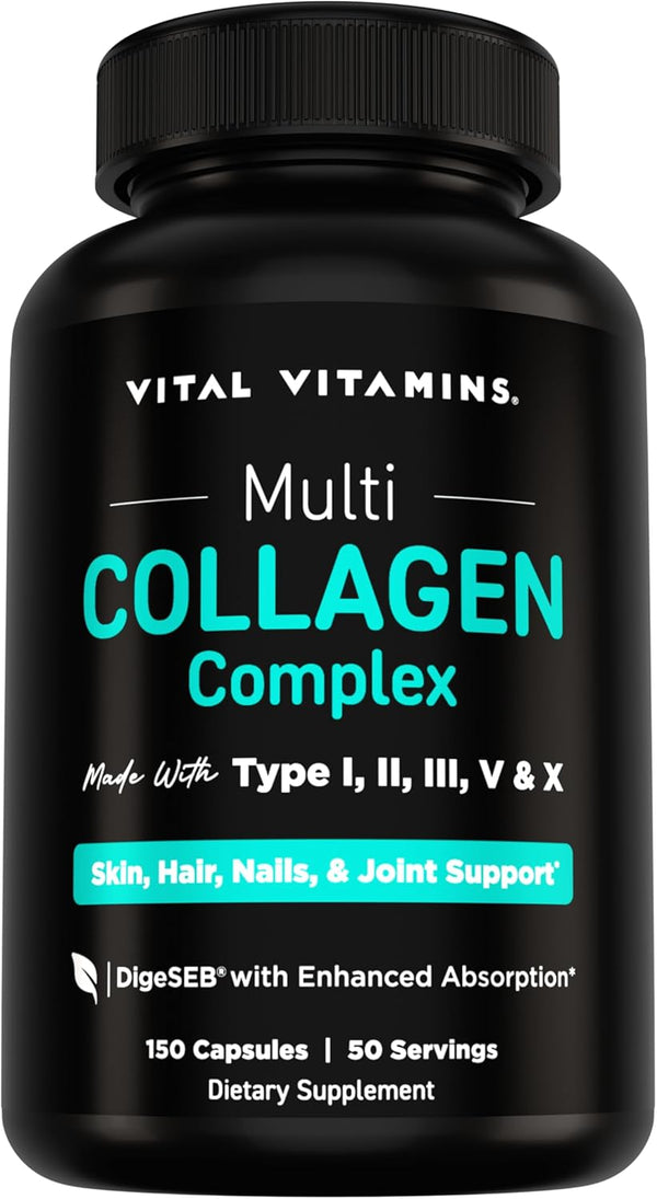Vital Vitamins Multi Collagen Peptides Capsules for Women & Men - Type I, II, III, V, X Collagen Supplements - Grass-Fed, Non-GMO - 150 Pills