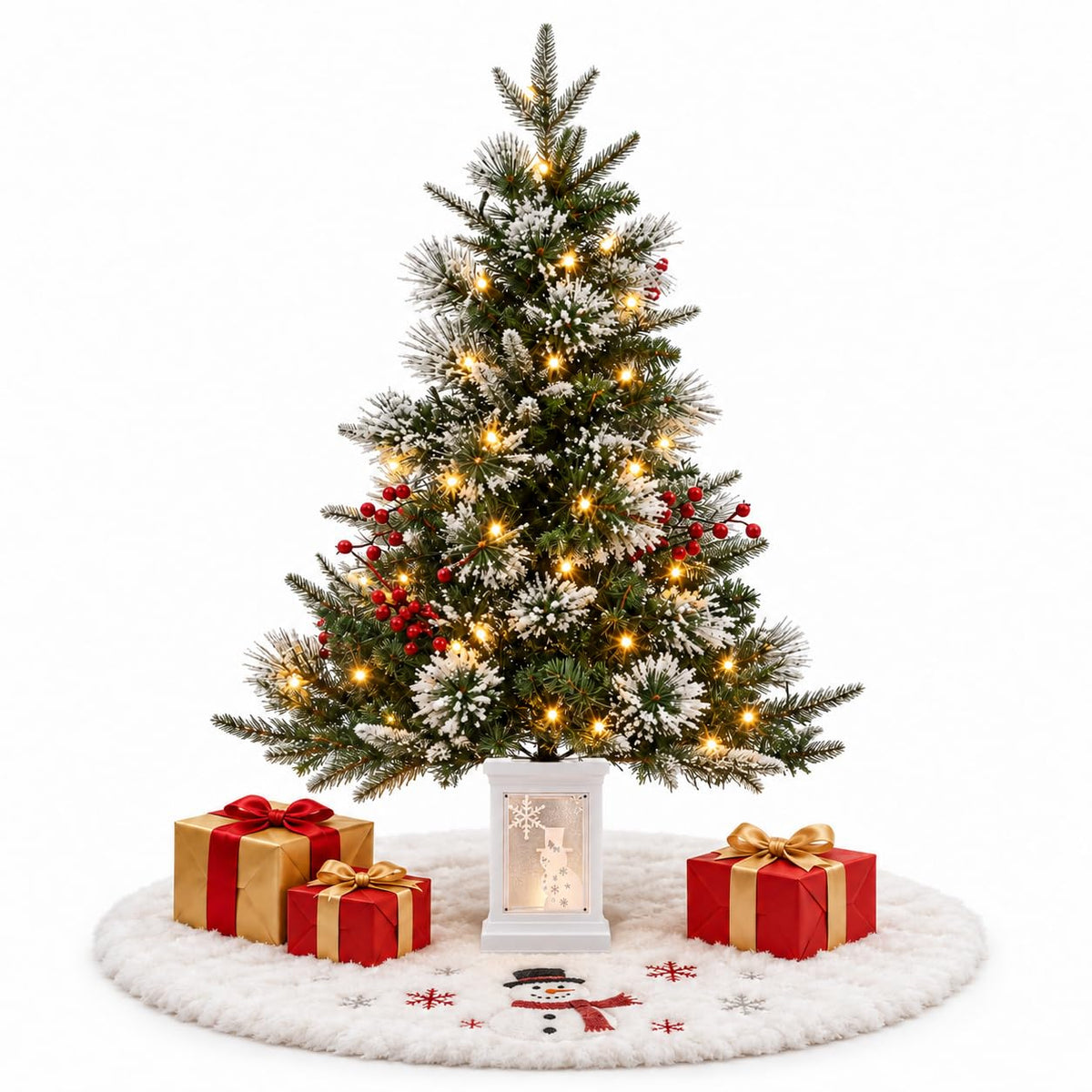 3 Ft Pre-Lit Christmas Tree, Artificial Christmas Tree with Base, Xmas Tree with Timer, Christmas Decoration for Home, Office, Easy Assembly