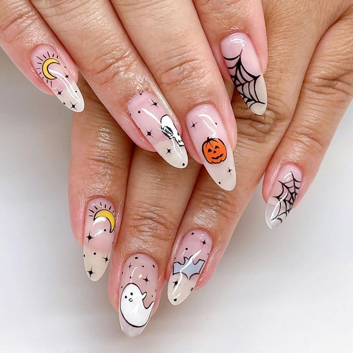 Halloween Press on Nails Medium Almond MABKJLF Fake Nails Glow in The Dark Full Cover Nightmare Christmas False Nails Glossy Glue on Nails Artificial Acrylic Nails for Women Girls 24 Pcs