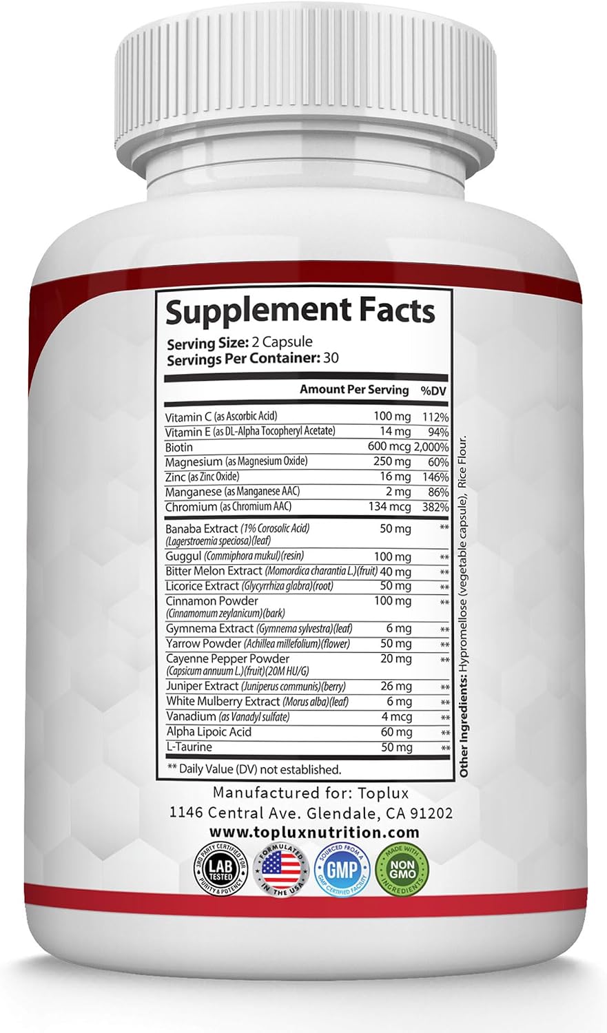 Blood Sugar Complex Supplement - Supports Healthy Blood Sugar Levels Already Within Normal Range All Natural with Cinnamon, Bitter Melon, Chromium, Mulberry, Alpha Lipoic Acid, Non-GMO, 60 Capsules