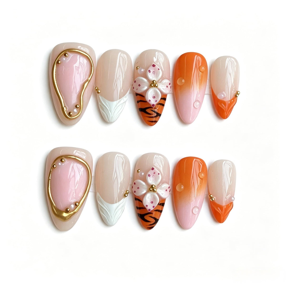 Luxury Handmade Press on Nails - Long Square White French Tips Press on Nail with Almond 3D Rhinestones, Flowers & Butterflies, Acrylic Multi-Layer Gel False Nails for Women (10Pcs Size M)