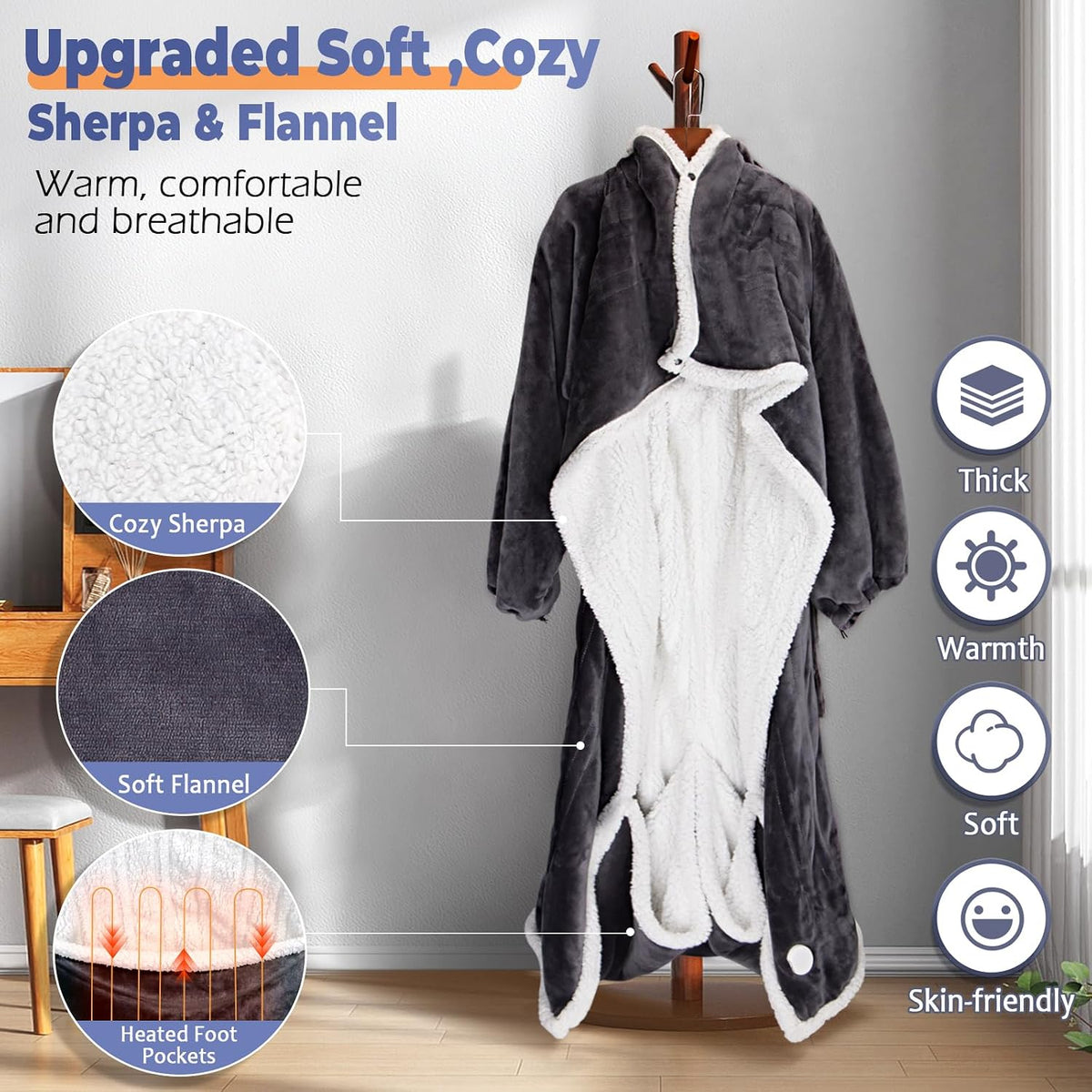 Wearable Heated Blanket with Foot Pocket, Electric Wearable Throw Blanket with Sleeves, Hood, Portable Heated Blanket with 8 Heat Settings, 1-10 Hours Auto Shut-off, Gift for Family, Friends, 50*70"