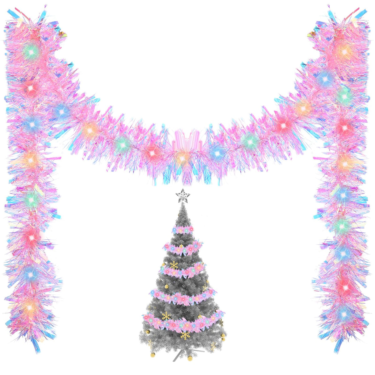 16.4 ft Christmas Tinsel Garland with Light, Multicolor, Red and Green
