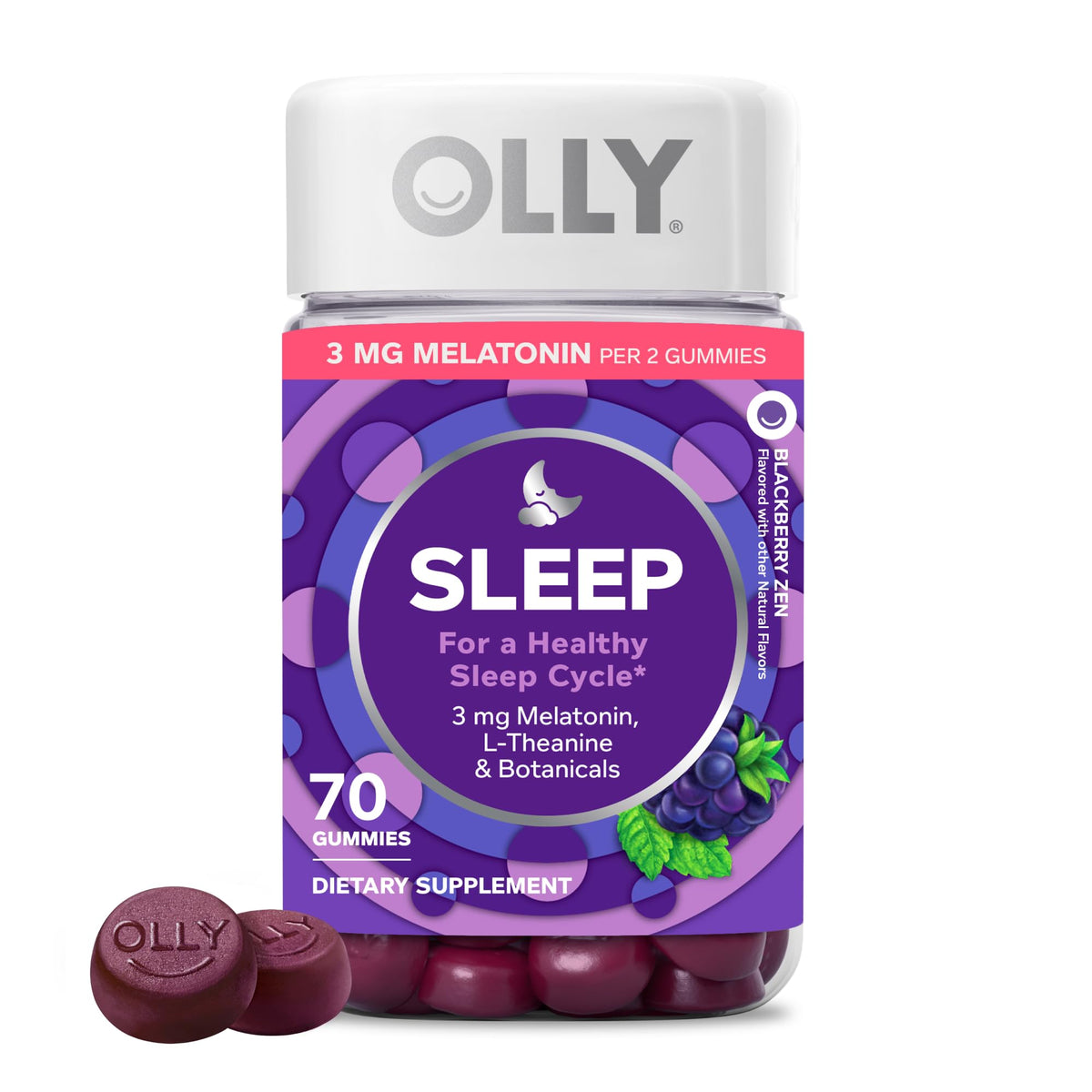 OLLY Sleep Gummies for Adults, 3 mg Melatonin Gummies with L-Theanine, Sleep Support for Restful Sleep*, Non-Habit Forming Sleep Support*, BlackBerry Zen, Gluten Free, 90 Count