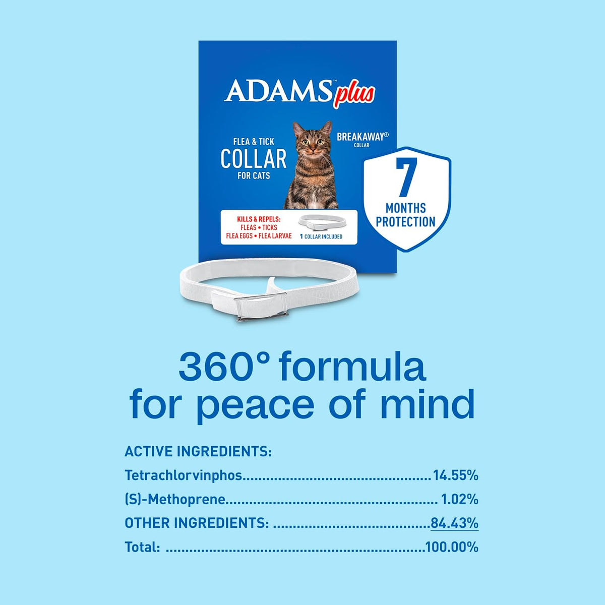 ADAMS Plus Flea & Tick Collar for Cats, Flea Collar for 7-Month Prevention, Adjustable Collar Fits Cats & Kittens, Kills Fleas & Ticks, 1 Count