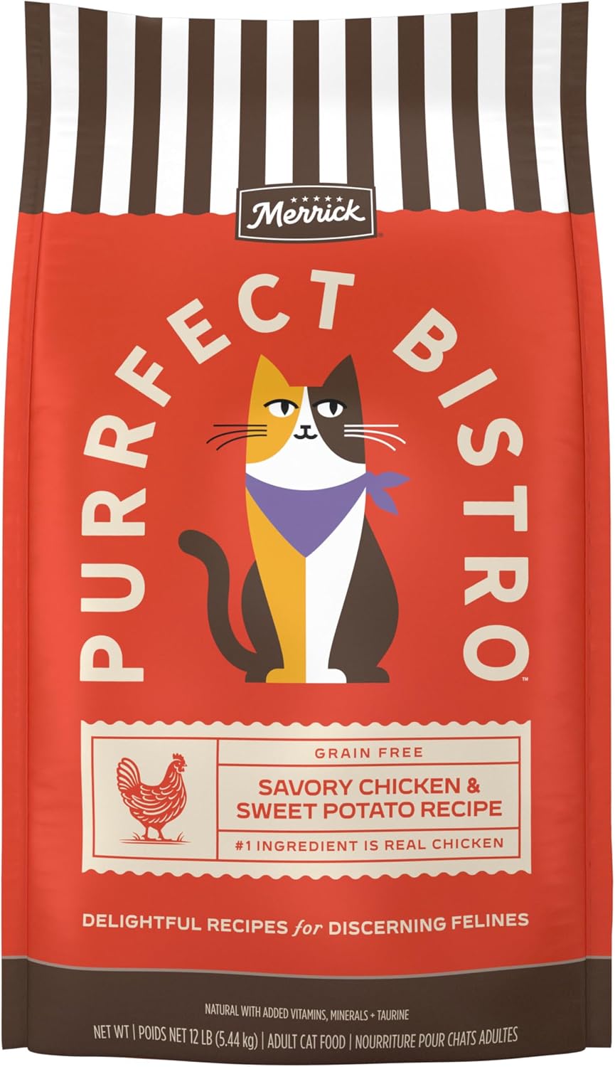 Merrick Purrfect Bistro Grain Free Chicken and Sweet Potato Recipe Natural Dry Cat Food for Adult Cats, High Protein, Outdoor or Indoor Cat Food - 12 lb. Bag