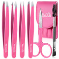 TsMADDTs 6 pcs Tweezers Set for Women, Eyebrow Tweezers with Curved Scissor for Ingrown Hair, Hair Plucking Daily Beauty Tools with Leather Travel Case