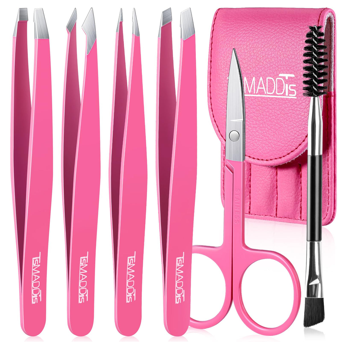 TsMADDTs 6 pcs Tweezers Set for Women, Eyebrow Tweezers with Curved Scissor for Ingrown Hair, Hair Plucking Daily Beauty Tools with Leather Travel Case