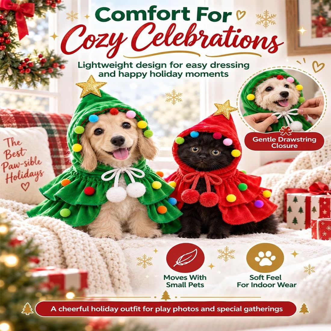Dog Christmas Outfit Clothes, Holiday Tree Costume Cape for Small Pets，Green+Red