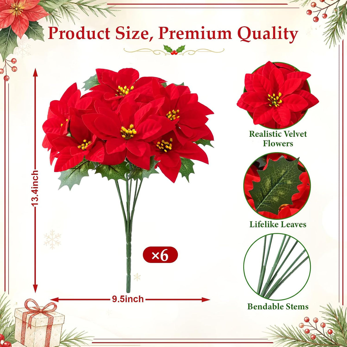 6 Pack Poinsettias Artificial Christmas Flowers Fake Red Poinsettias Flower