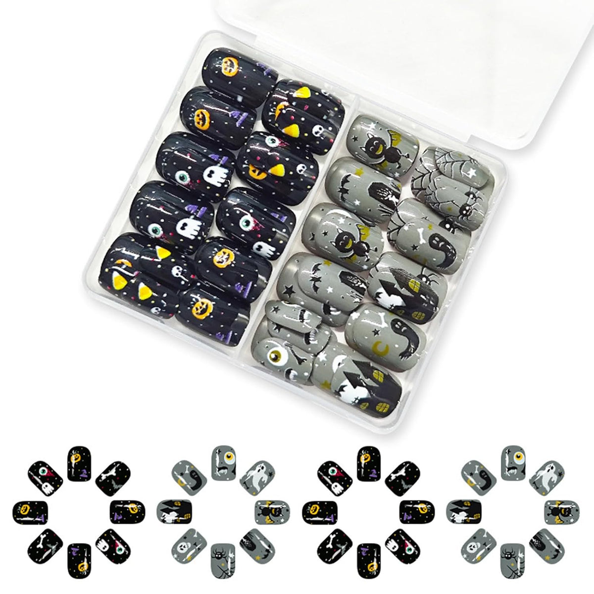 48Pcs Halloween Press on Nails Ghost Stick on Fingernails Monster Short Square False Nails Glossy Black Spider Web Acrylic Fake Nail Skull Gel Glue on Nail for Coquette Women Girls