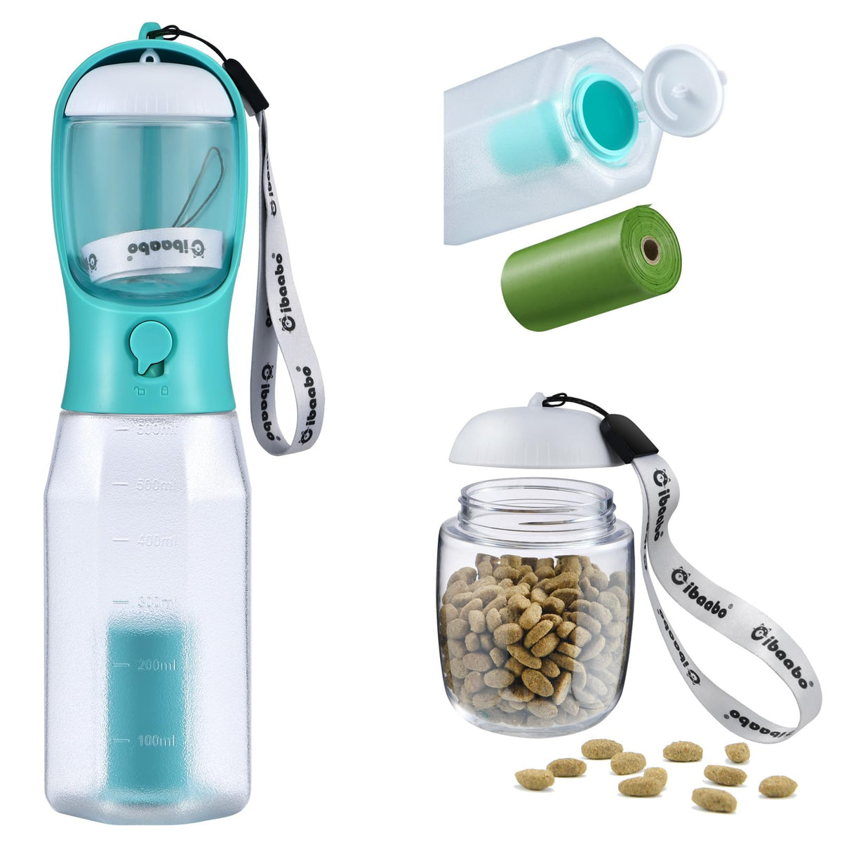 Cibaabo Dog Water Bottle with Food Container & Poop Bag Holder, Travel Water Bowl, Portable Pet Dispenser, Dog Gifts Stuff Accessories Items, Puppy Essentials for Yorkie Chihuahua Walking Hiking