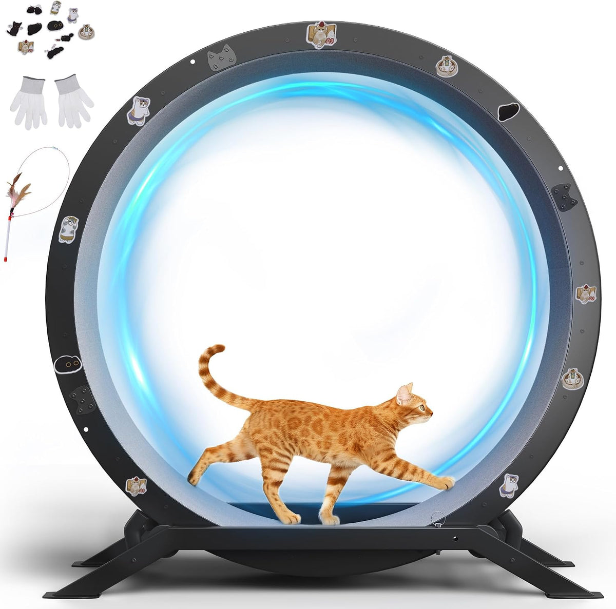 GTPLAYER Cat Wheels, 40" Diameter, Large Cat Exercise Wheel for Indoor Cats cat Treadmill Metal with Detachable Carpet & Teaser/Stickers, Ultra-Quiet Scroll Wheel with Latch, Safe and Stable Grey