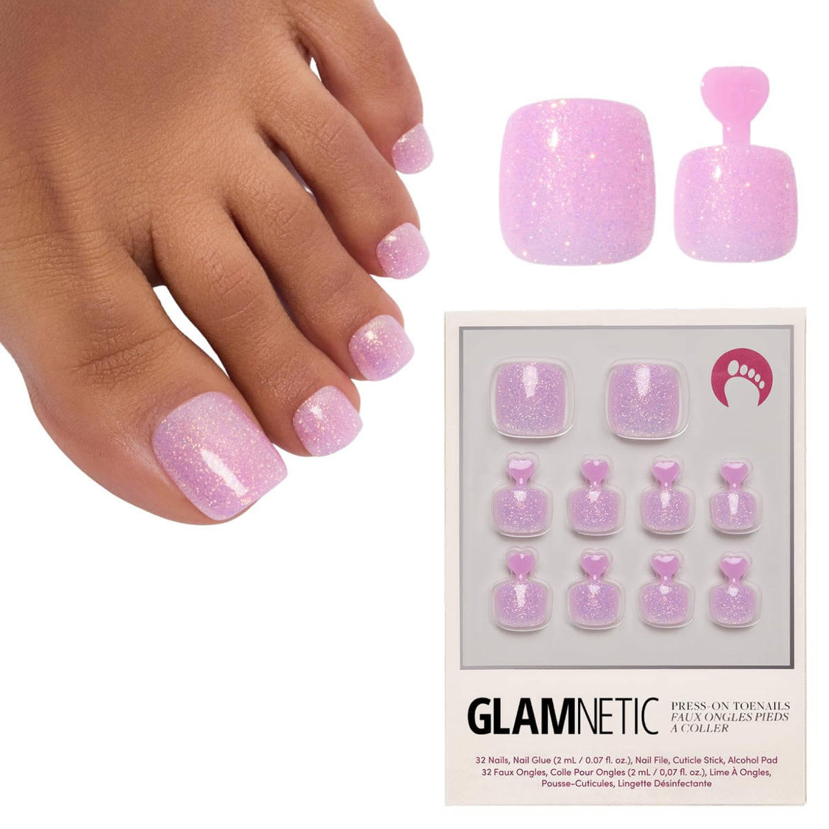 Glamnetic Press On Toenails - Natural Fake Nails | Cherry Red Chrome Press On Toenails, Salon Quality Press On Nails Kit with Glue | Cherry Glaze - 32 Nail Set in 16 Sizes