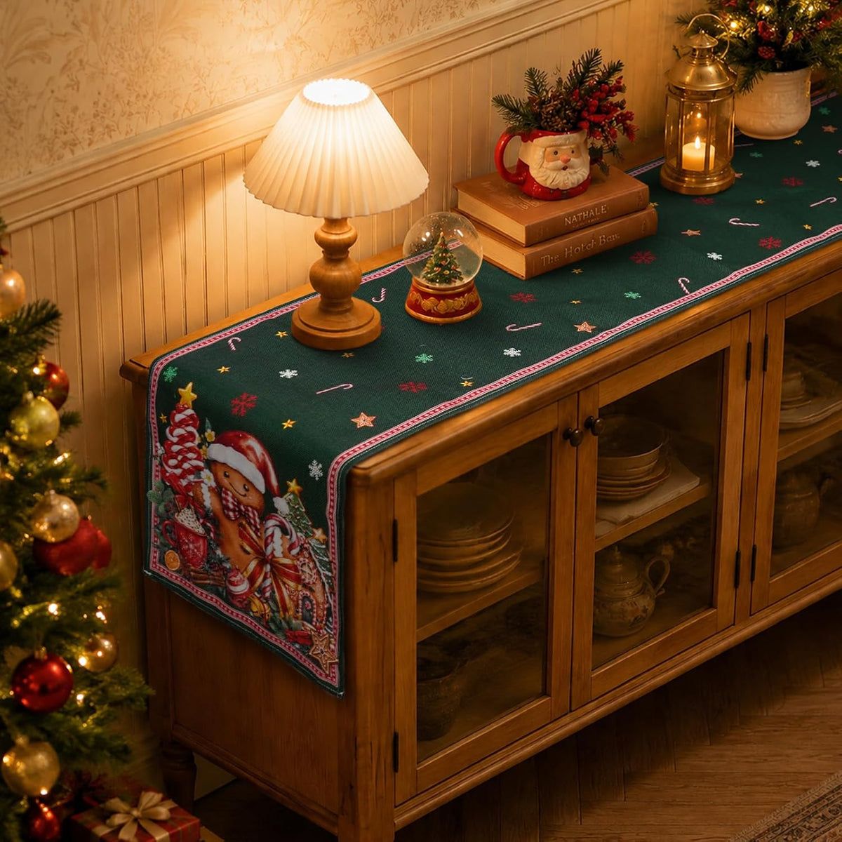 Christmas Table Runner 13 x 72 Inch Green Gingerbread Candy Cane Table Runners for Xmas Dinning Table Decorations