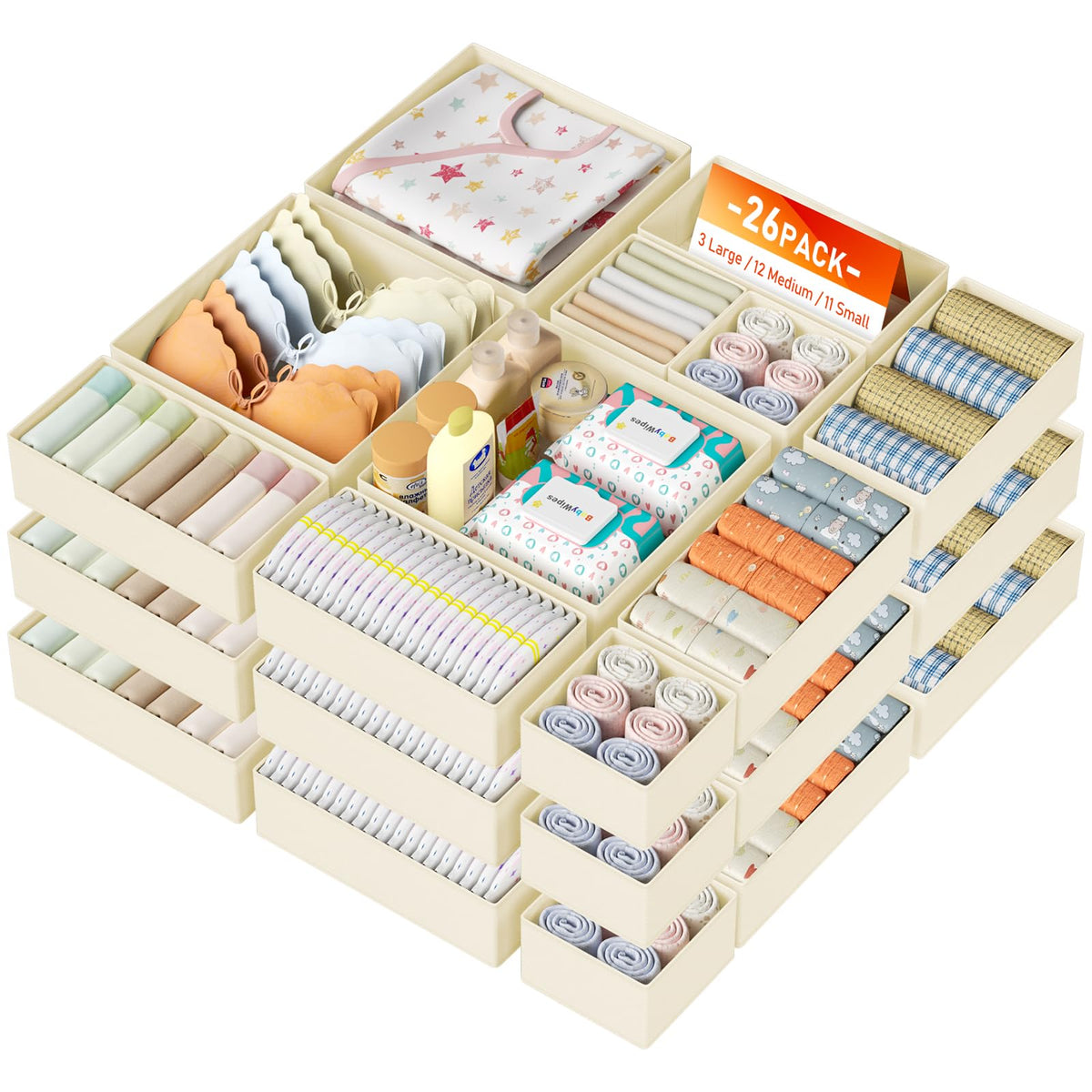 DIMJ Drawer Organizer Clothes, 12 Pack Dresser Organizer, Foldable Closet Organizers and Storage, Fabric Dresser Bins, Drawer Dividers for Nursery, Baby Clothes, Underwears, Sock (Beige)