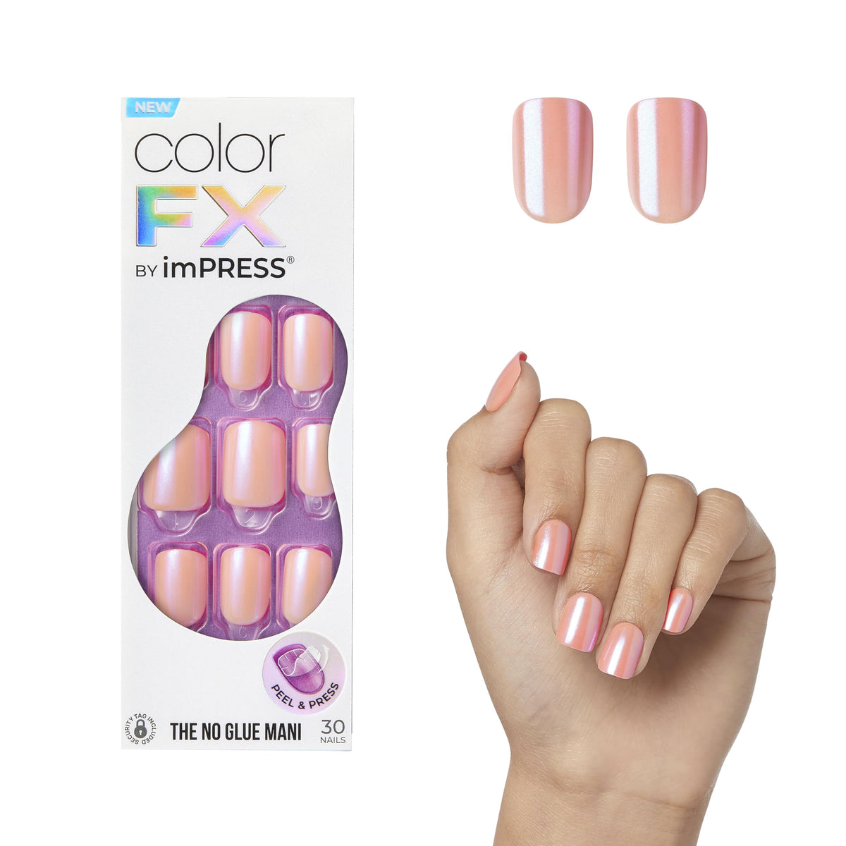 Kiss colorFX by Impress Press On Nails, Levels, 30 No Glue Peel and Stick Nails Kit with IMPROVED Adhesive, Pink Squoval Chrome Effect, Includes Prep Pad, Manicure Stick & Mini File