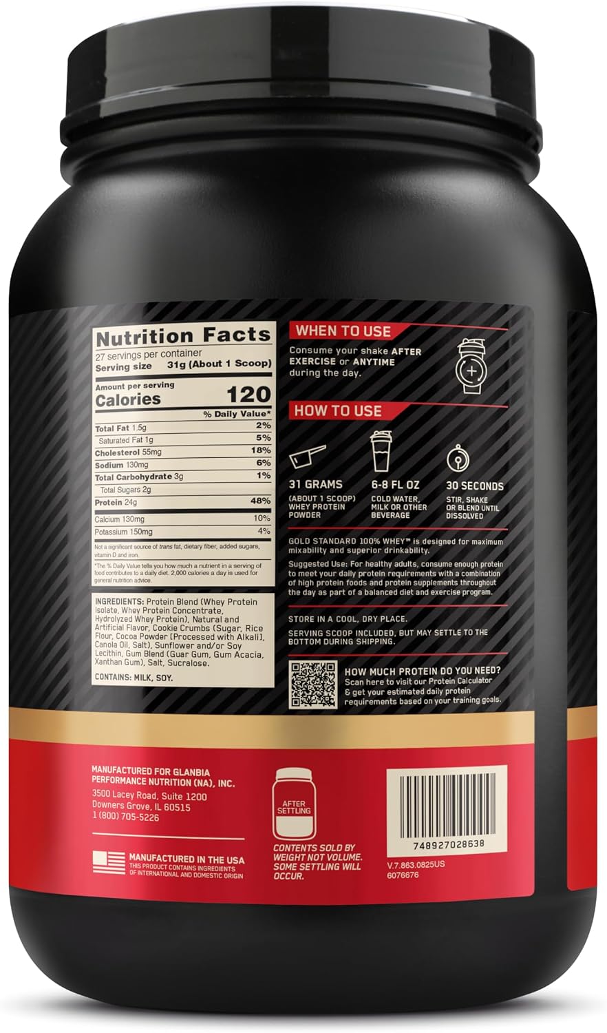 Optimum Nutrition Gold Standard 100% Whey Protein Powder, Cookies & Cream, 2 Pound (Packaging May Vary)