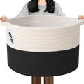 Large Woven Blanket Basket,65L Cotton Rope Laundry Basket Hamper with Handles, Decorative Nursery Basket Storage Bin for Toys, Clothes Organizer, Living Room, Bedroom, Bathroom, White & Brown