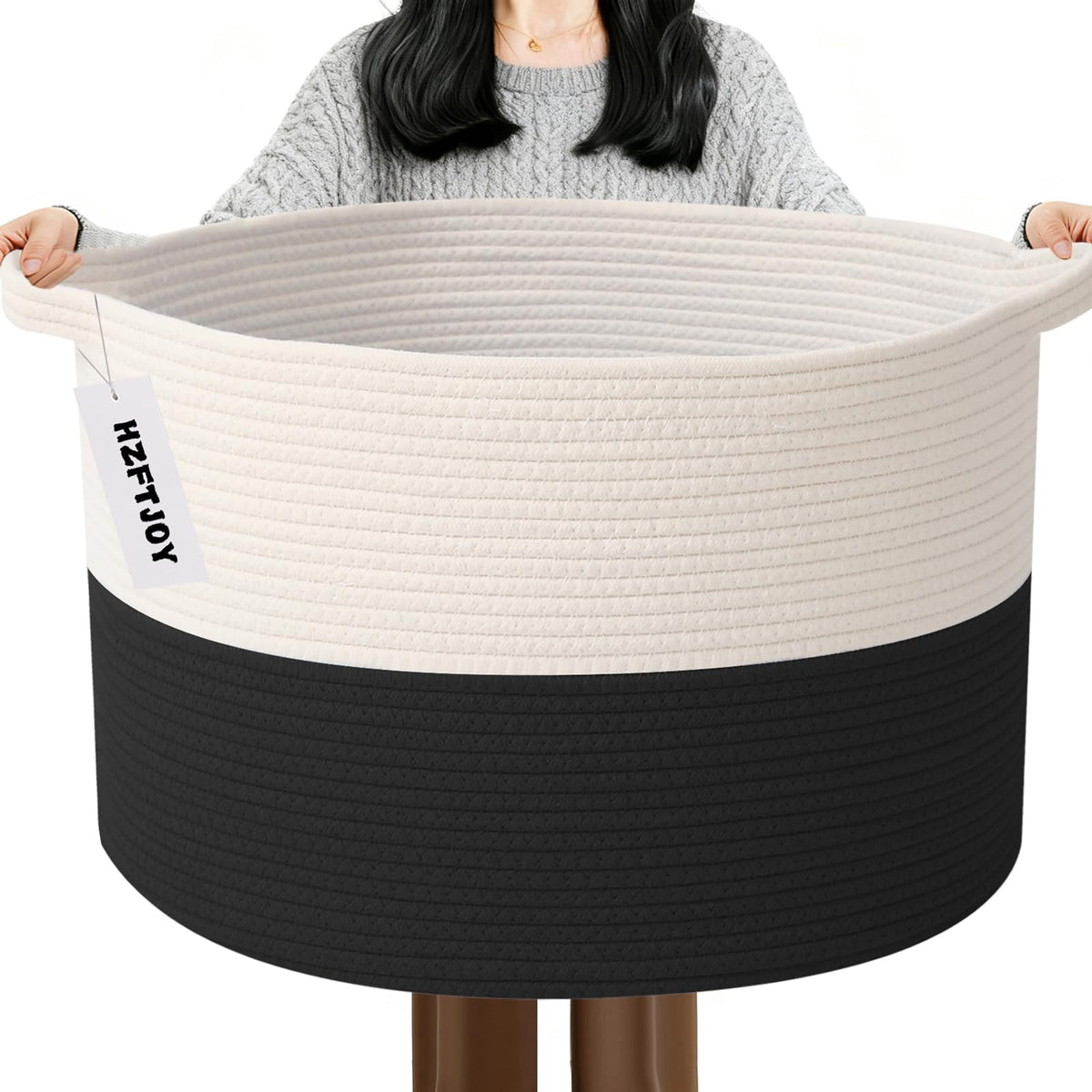 Large Woven Blanket Basket,65L Cotton Rope Laundry Basket Hamper with Handles, Decorative Nursery Basket Storage Bin for Toys, Clothes Organizer, Living Room, Bedroom, Bathroom, White & Brown