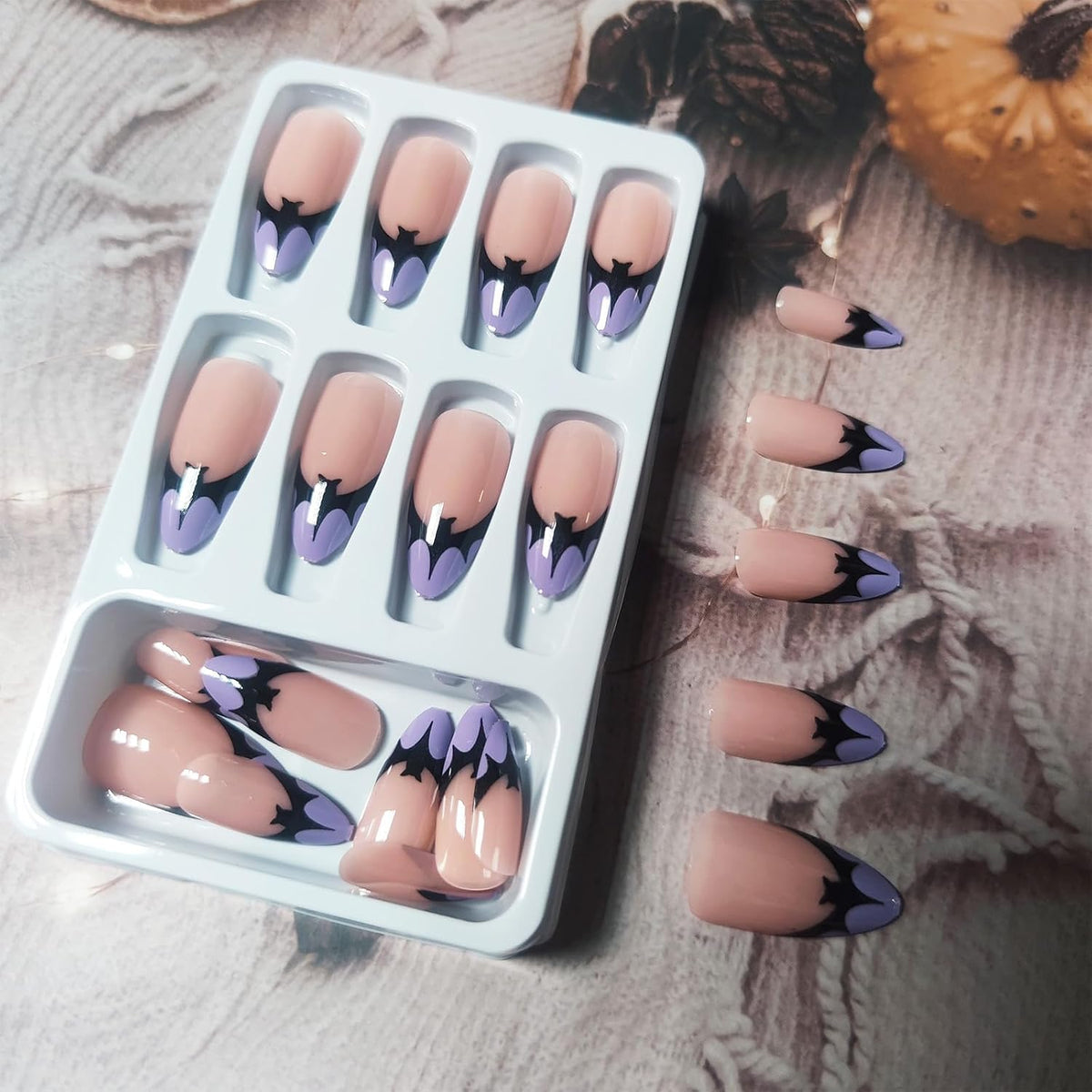 Halloween Bat Press on Nails for DIY Manicure Glossy Purple French Tips 24Pcs Acrylic Medium Almond False Nails Gel Glue on Nails Evil Bats Fake Nails Stick on Nails for Women Girls French Tips Design