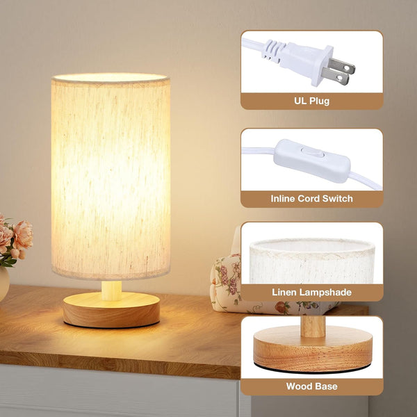 9" Small Table Lamp for Bedroom - Inline Control with 3000K Blub | Cream Shade and Wood Base | 680 Lumens | Easy Assembly | Minimalist Design | E26 | for Kitchen | for Kids Room