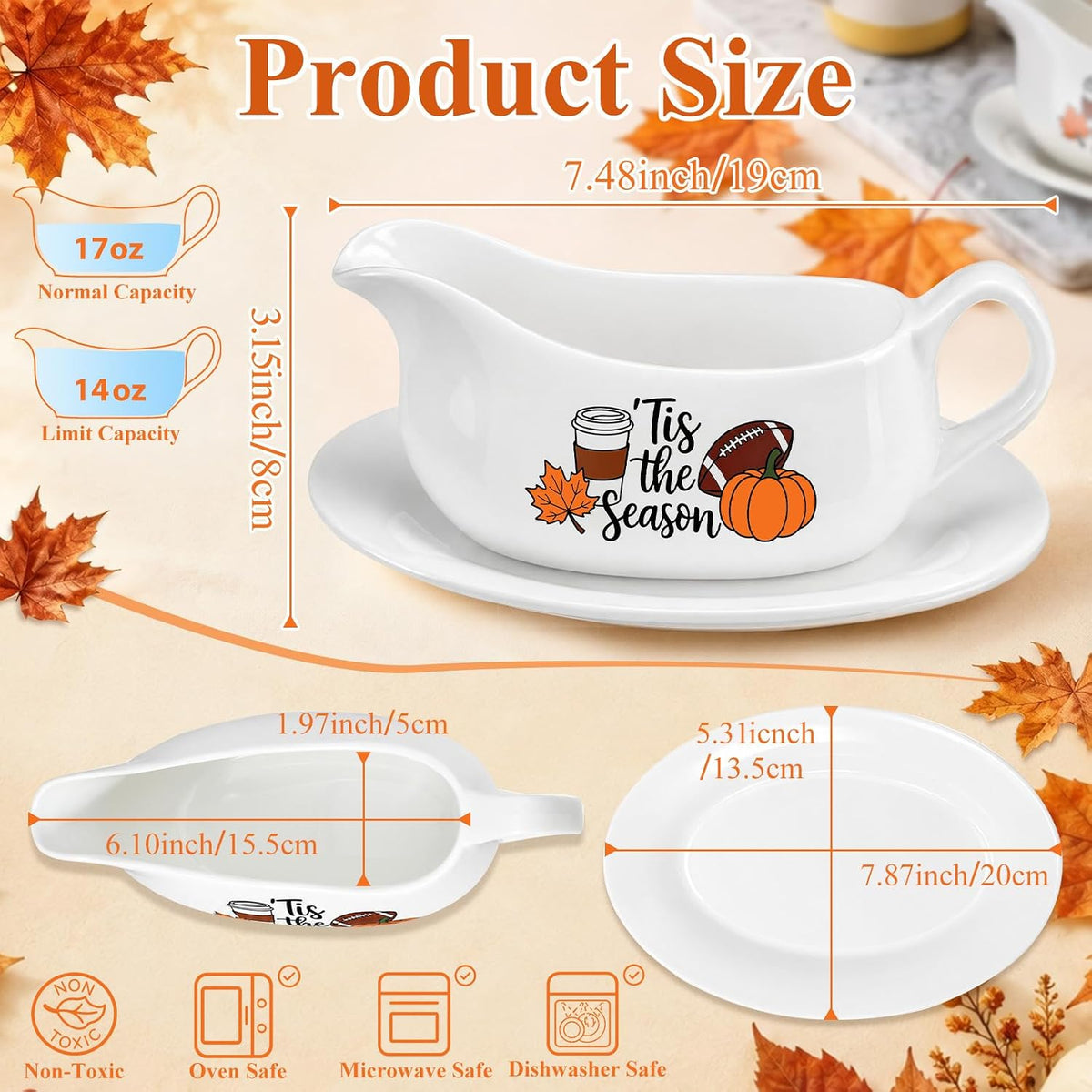 2 Pcs 17oz Thanksgiving Gravy Boat with Saucer Set, Ceramic