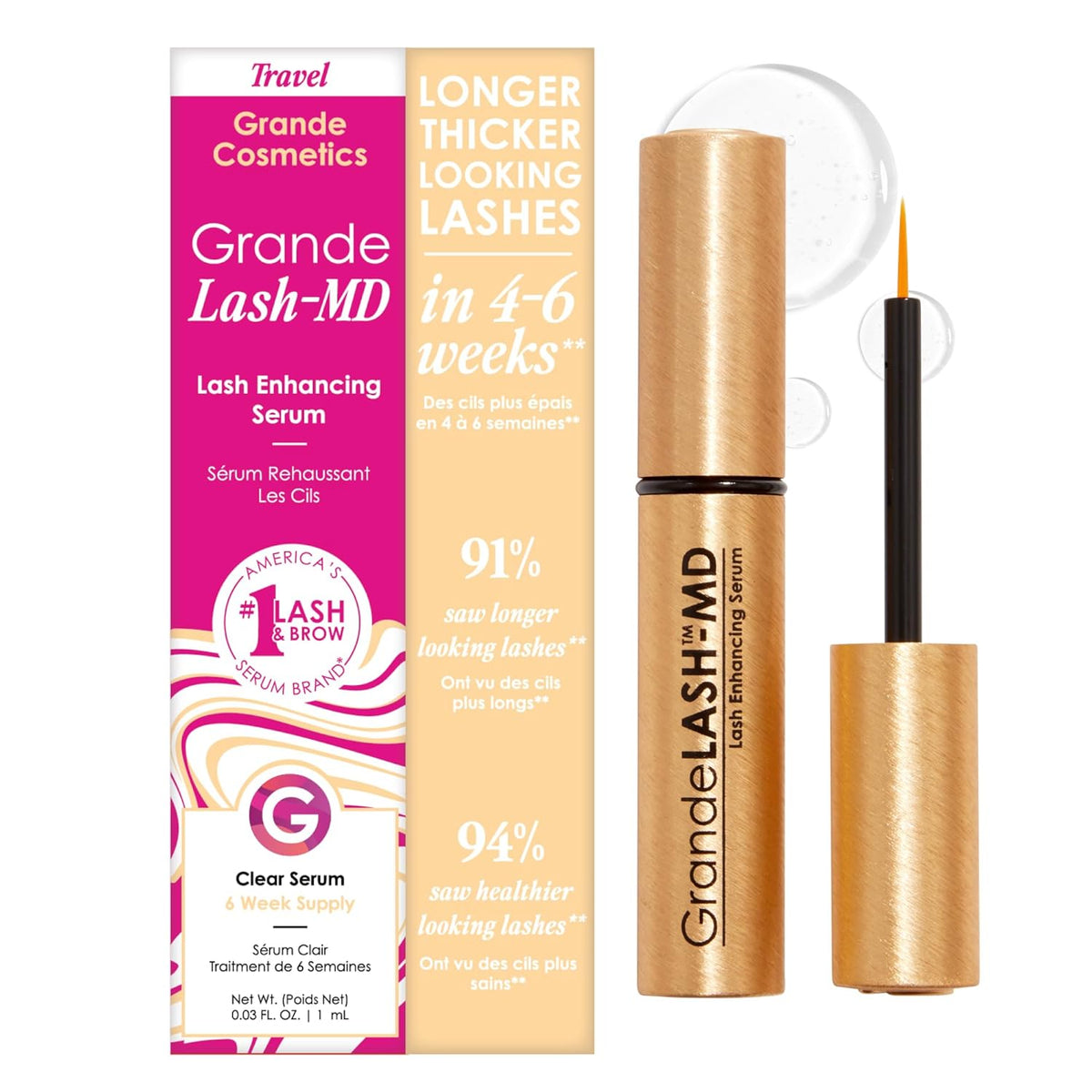 Grande Cosmetics GrandeLASH-MD Lash Enhancing Serum - Peptide & Vitamin Infused Formula for Longer, Thicker, Fuller Looking Lashes - Ophthalmologist Tested, Cruelty-Free.