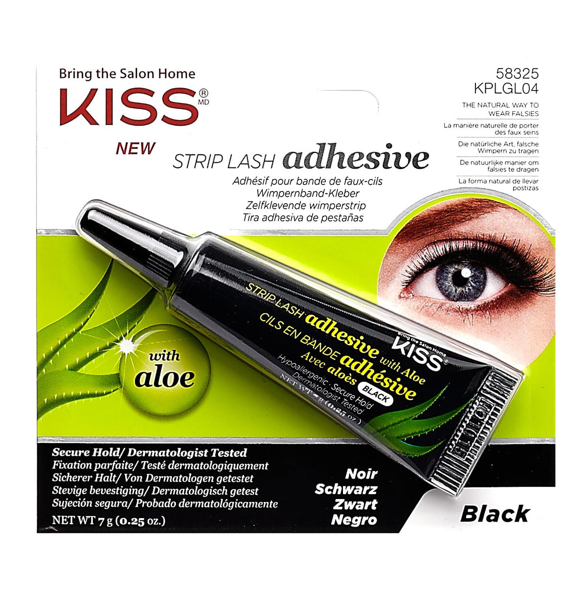 Kiss Black Strip Lash Adhesive with Aloe, Dermatologist Tested, Formaldehyde Free, Non-Irritant, Contact Lens Friendly, Secure Hold, Contains Latex, with Control Nozzle Tip, 0.24 Ounce