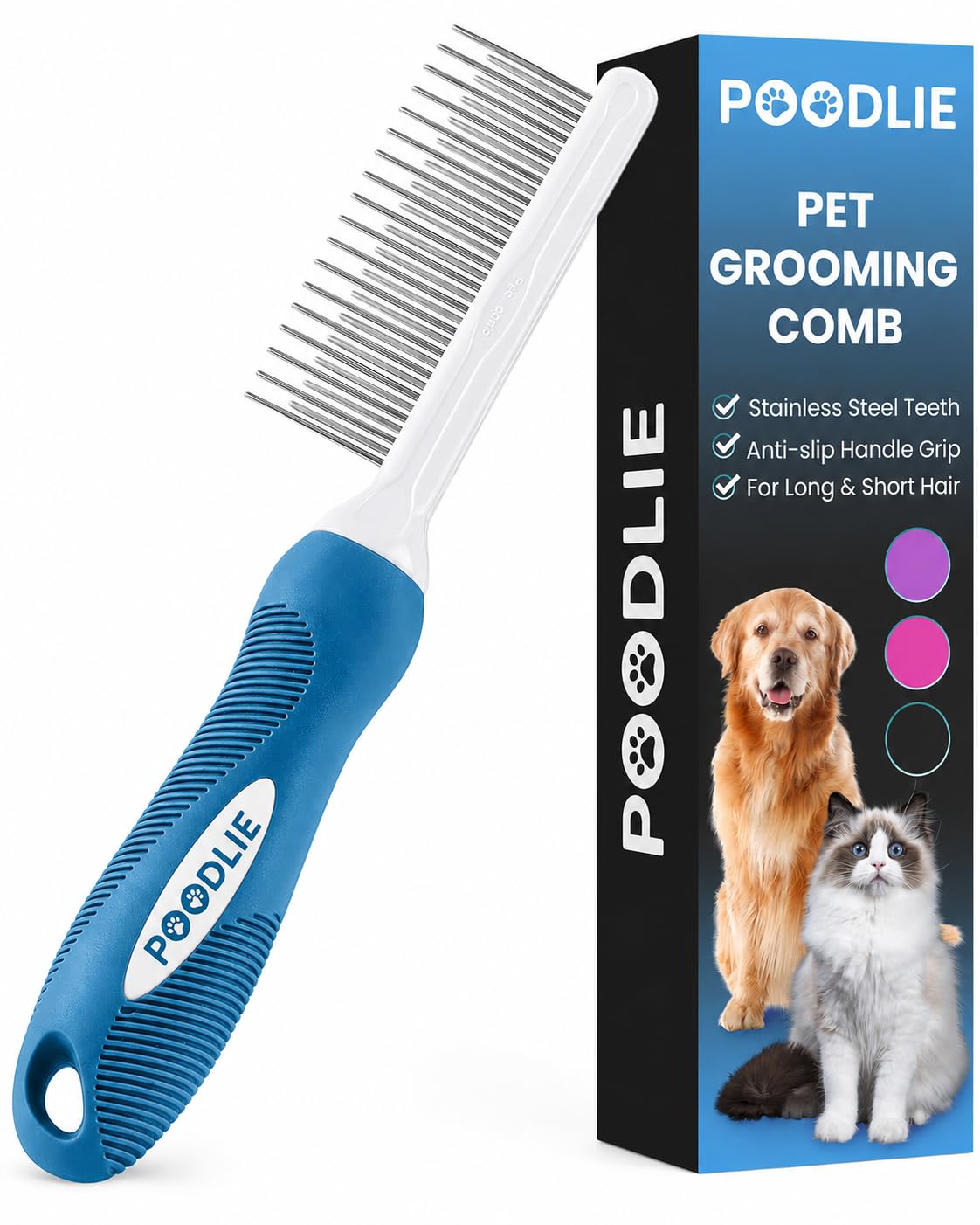 Poodle Pet Detangling Pet Comb with Long & Short Stainless Steel Teeth for Removing Matted Fur, Knots & Tangles – Detangler Tool Accessories for Safe & Gentle DIY Dog & Cat Grooming