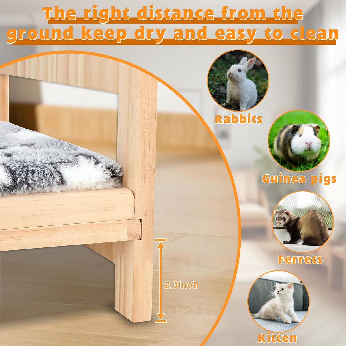 BWOGUE Large Wooden Rabbit Bed, Bunny Bed with Removable Cushion, 2-in-1