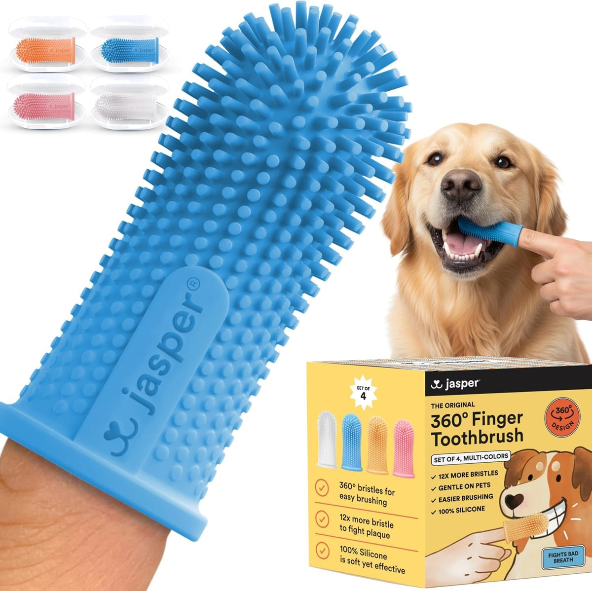 Jasper Dog Toothbrush, 360 Dog Tooth Brushing Kit, Finger Toothbrush, Cat Tooth Brush, Teeth Cleaning, Pet Tooth Brush for Small & Large Pets, Pet Toothpaste Not Included, 2-Pack Blue