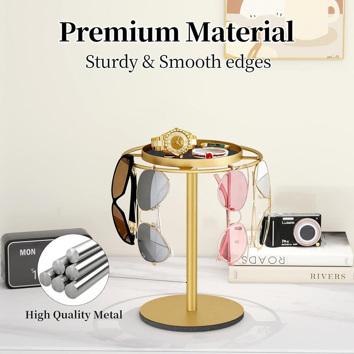 LSK Metal Sunglasses Organizer, Glasses Holder Stand with Storgae Tray, Eyeglasses Holder with Anti-Slip Pads for Tabletop, Desk, Dresser, Gold