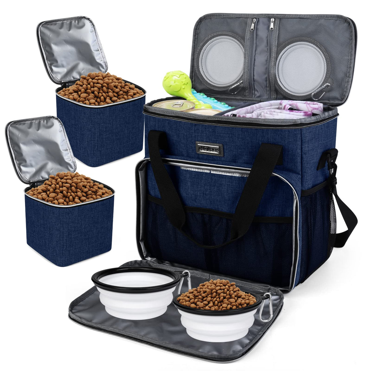 BAGLHER Pet Travel Set Airline-Approved Carrier for Small/Medium Cats & Dogs + Travel Bag with Food Containers & Silicone Bowls, Grey & Green