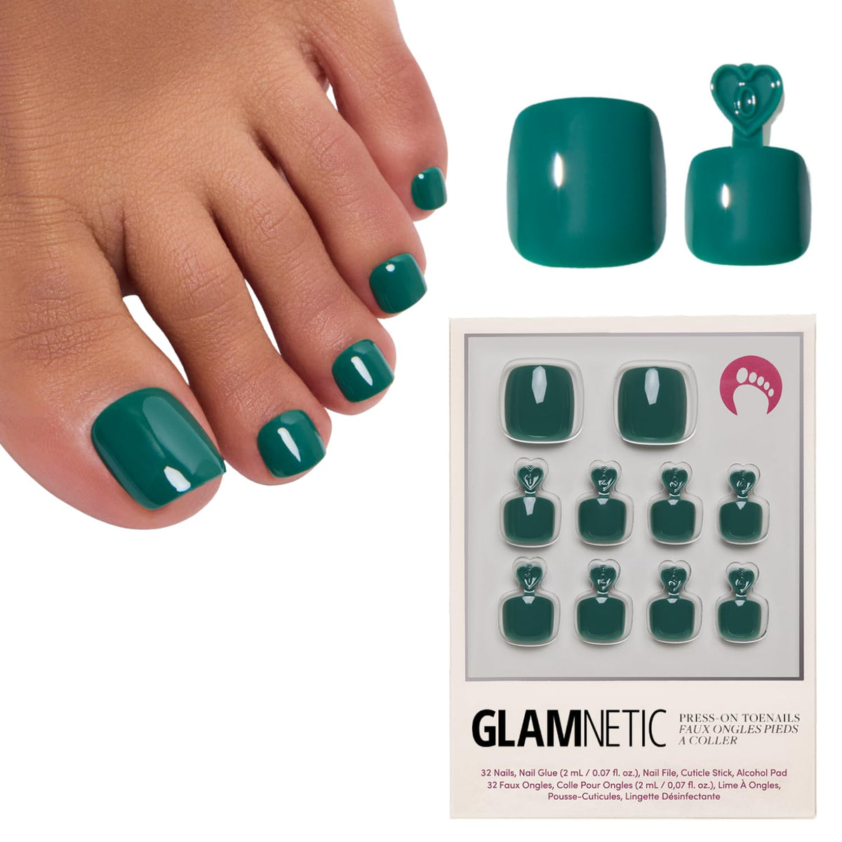 Glamnetic Press On Toenails - Natural Fake Nails | Cherry Red Chrome Press On Toenails, Salon Quality Press On Nails Kit with Glue | Cherry Glaze - 32 Nail Set in 16 Sizes