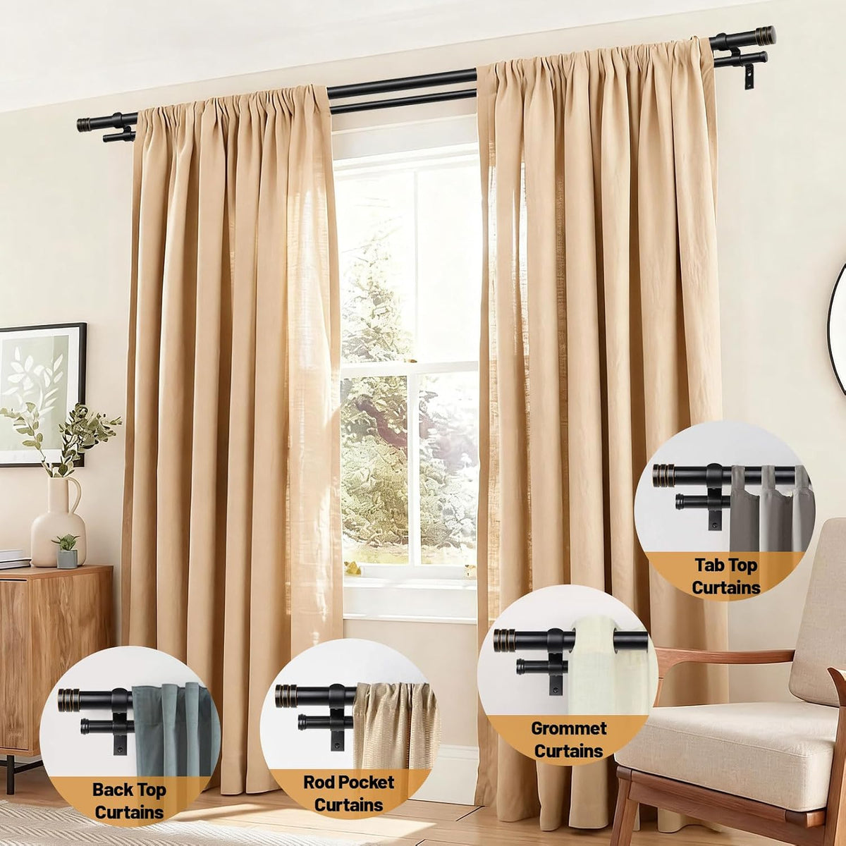 TONIAL 1 Inch Double Curtain Rods for Windows 66 to 120 Inch, Black, | Heavy Duty Dual Drapey Rod 32 to 144 Inch, Decorative Adjustable for Living Room, with Classic Finial, 33lbs Weight Capacity