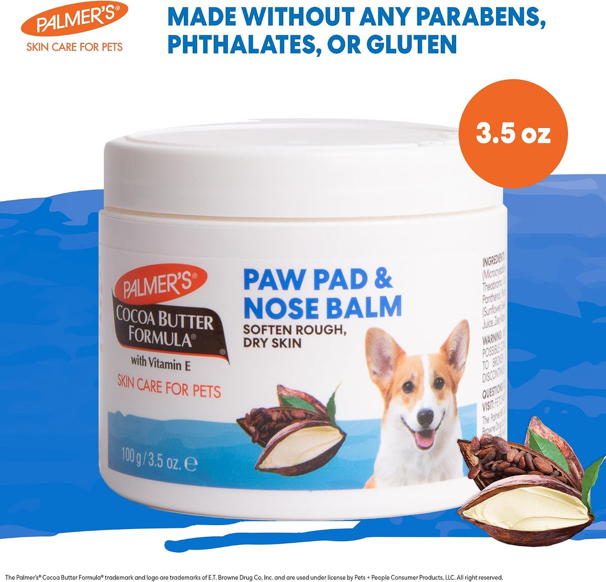 Palmer's for Pets Cocoa Butter Paw Pad and Nose Balm for Dogs, Fragrance Free Dog Skin Soother with Vitamin E for Dry Paws and Noses, Plant Based Formula, 3.5 Oz