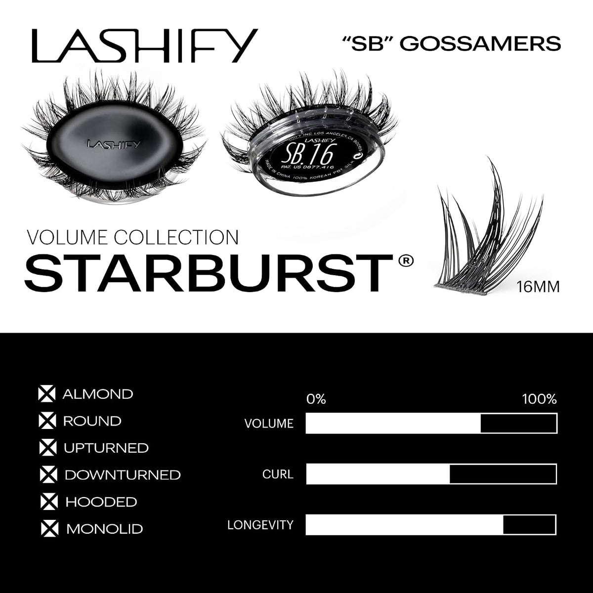 Lashify Star Burst 16mm Gossamer DIY Eyelash Extensions Refill, The Ultimate Multi-Length Multi Layered Lash, Black, Easy False Lashes