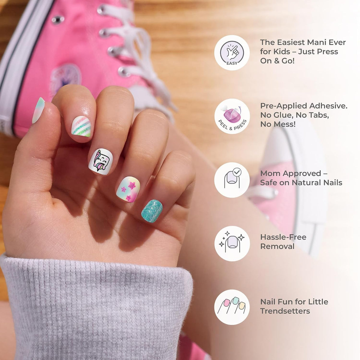 Kiss Impress Mini Mani Press On Nails for Girls & Tween Kids, 20 Super Duper Short Squoval Press-Ons with Pink Glitter Sprinkle, Mom Approved for Small Nail Beds, No Glue Needed, Mini File Included
