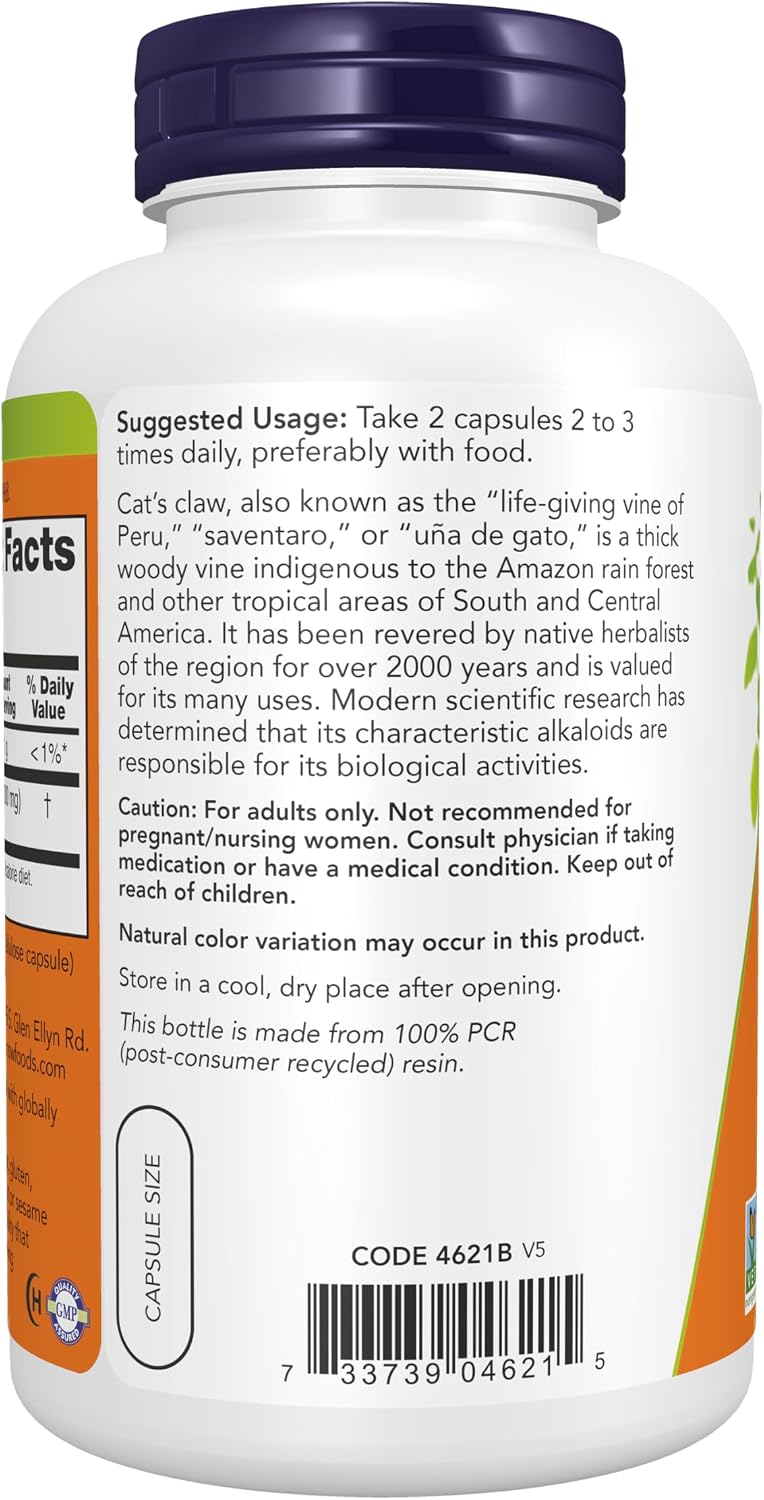 NOW Supplements, Cat's Claw 500 mg, Non-GMO Project Verified, Herbal Supplement, 250 Count (Pack of 1)