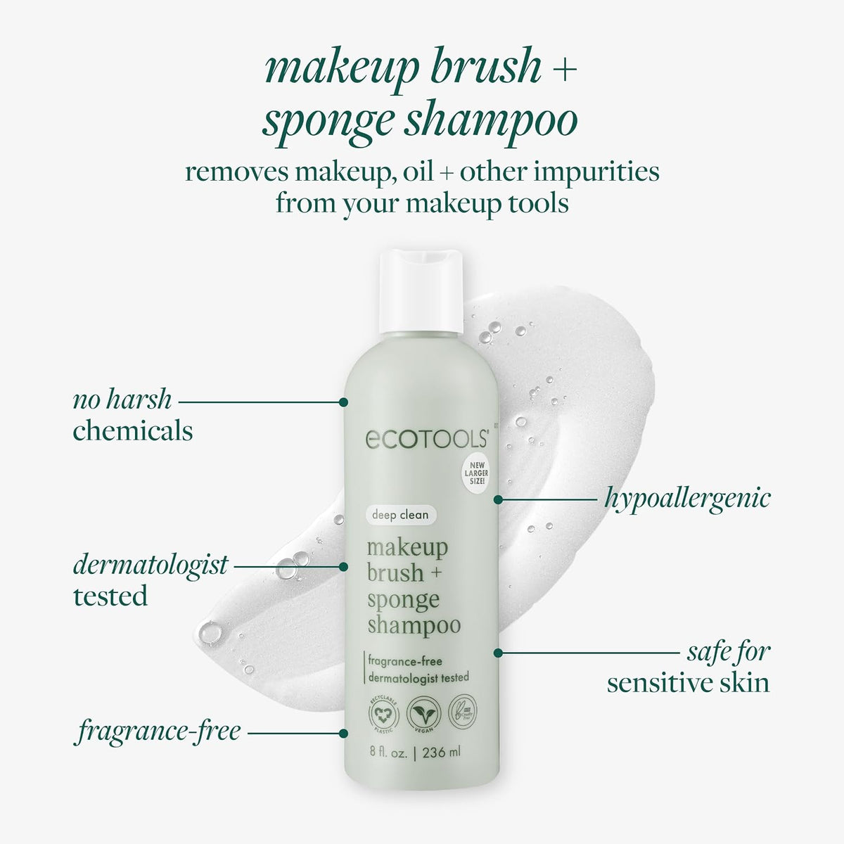 EcoTools Makeup Brush Cleanser + Sponge Shampoo, Fragrance-Free, 8 Fl Oz