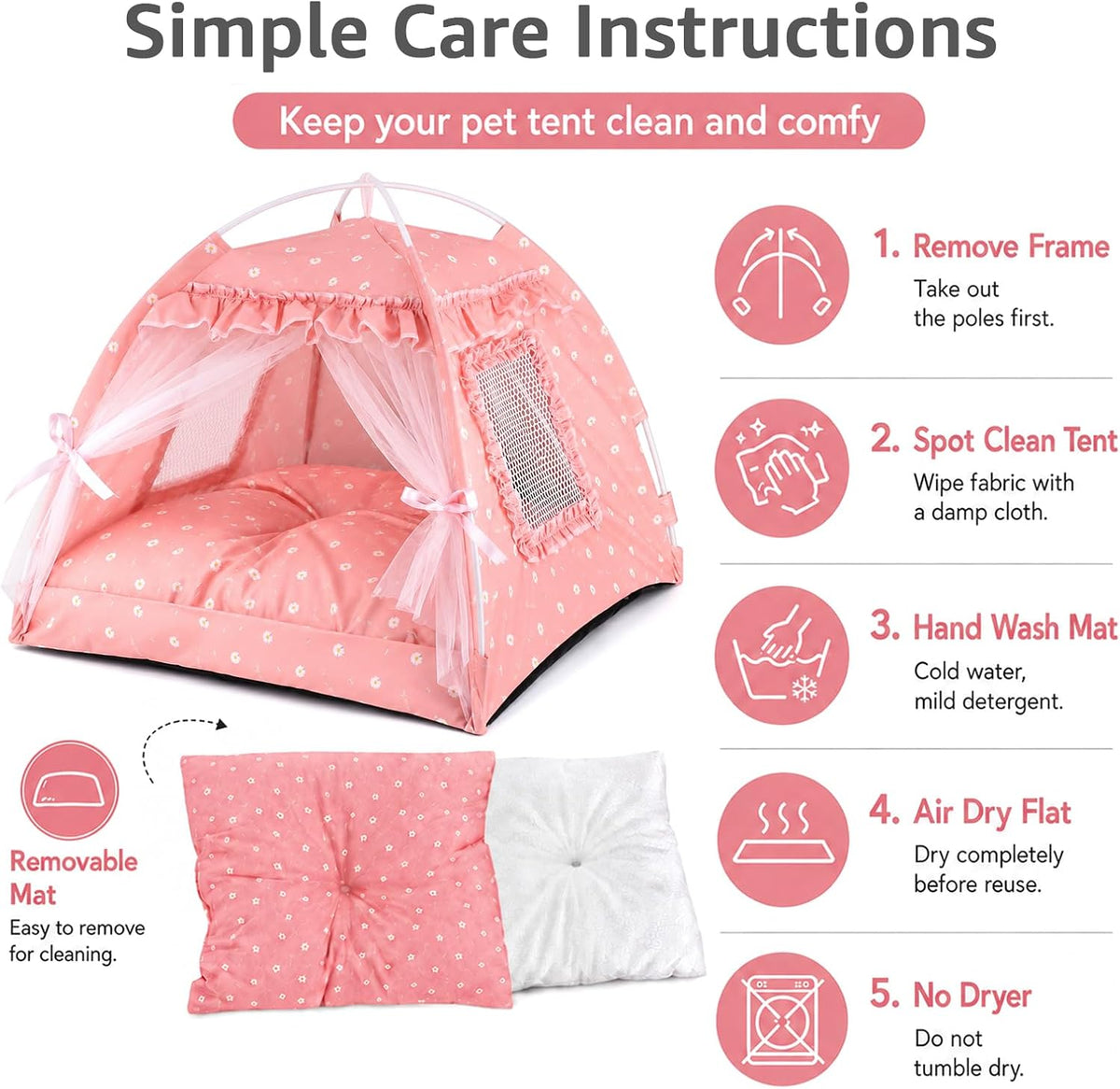 Pink Princess Cat Bed Dog Tent, Indoor House for Small Puppies and Kittens | Portable Pet Teepee Bunny Nest Foldable Cozy Cave Hideaway Washable Cushion Reversible Mat Home Use, 15.7 x 15.7 x 14.6 in