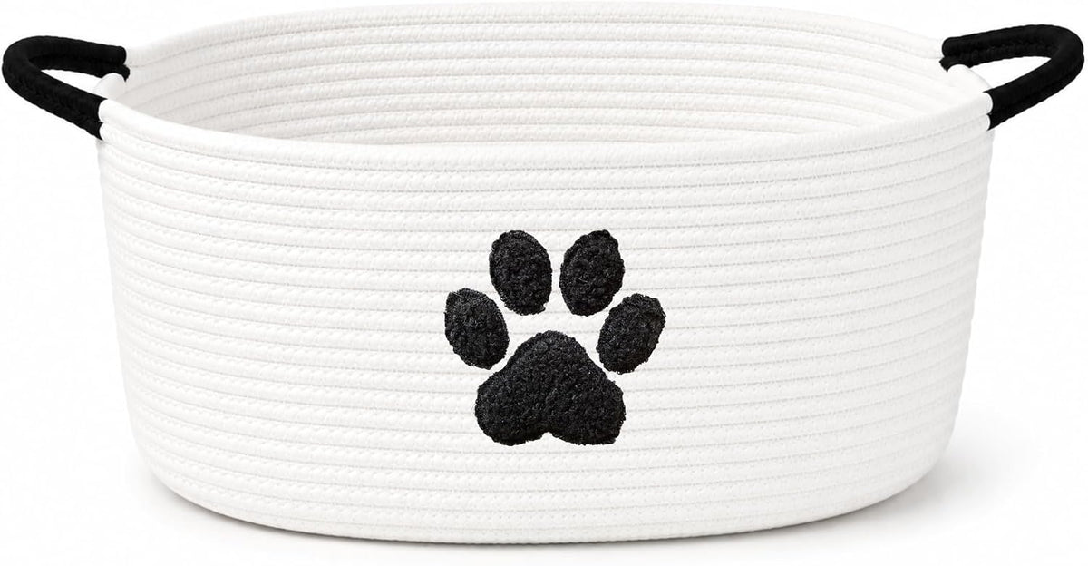 Dog Toy Basket with Handles, Cotton Rope Storage Bin Organizer for Pets | Holds toys, blankets, leashes & dog stuff. Machine washable, collapsible, free-standing woven bin with embroidered paw.