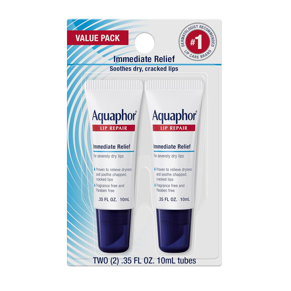 Aquaphor Lip Repair Ointment, Value Pack, 2 x 0.35 FL OZ | Lip Balm Moisturizer with Vitamins and Shea Butter, Immediate Severely Dry Lip Relief, Paraben and Fragrance Free